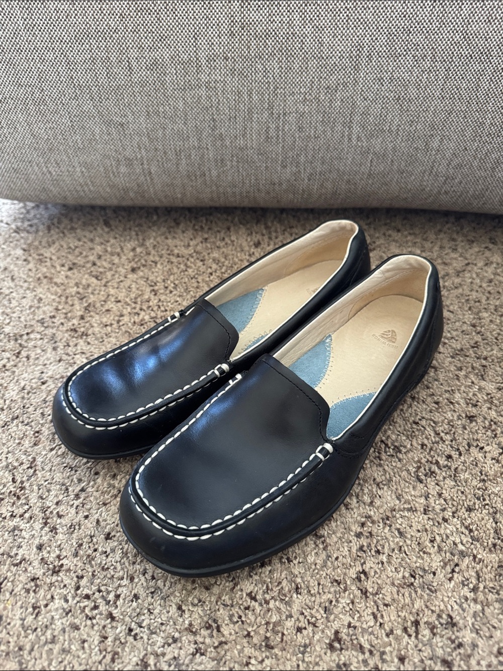 Red Wings Black Leather Slip-On Loafers with White Stitch Detailing